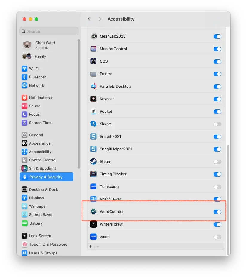 A screenshot showing WordCounter's accessibility settings