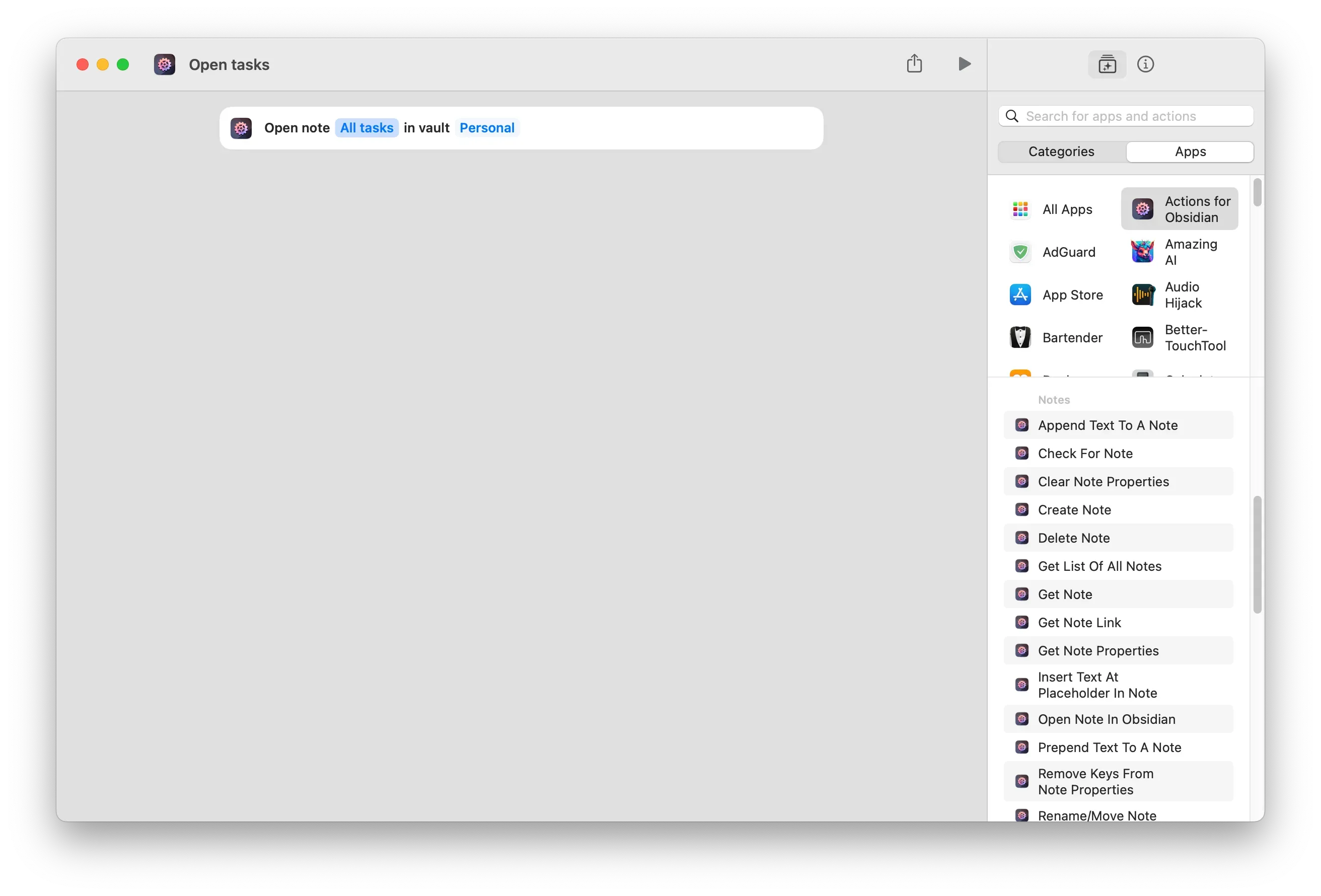Screenshot of Shortcut to open an Obsidian note