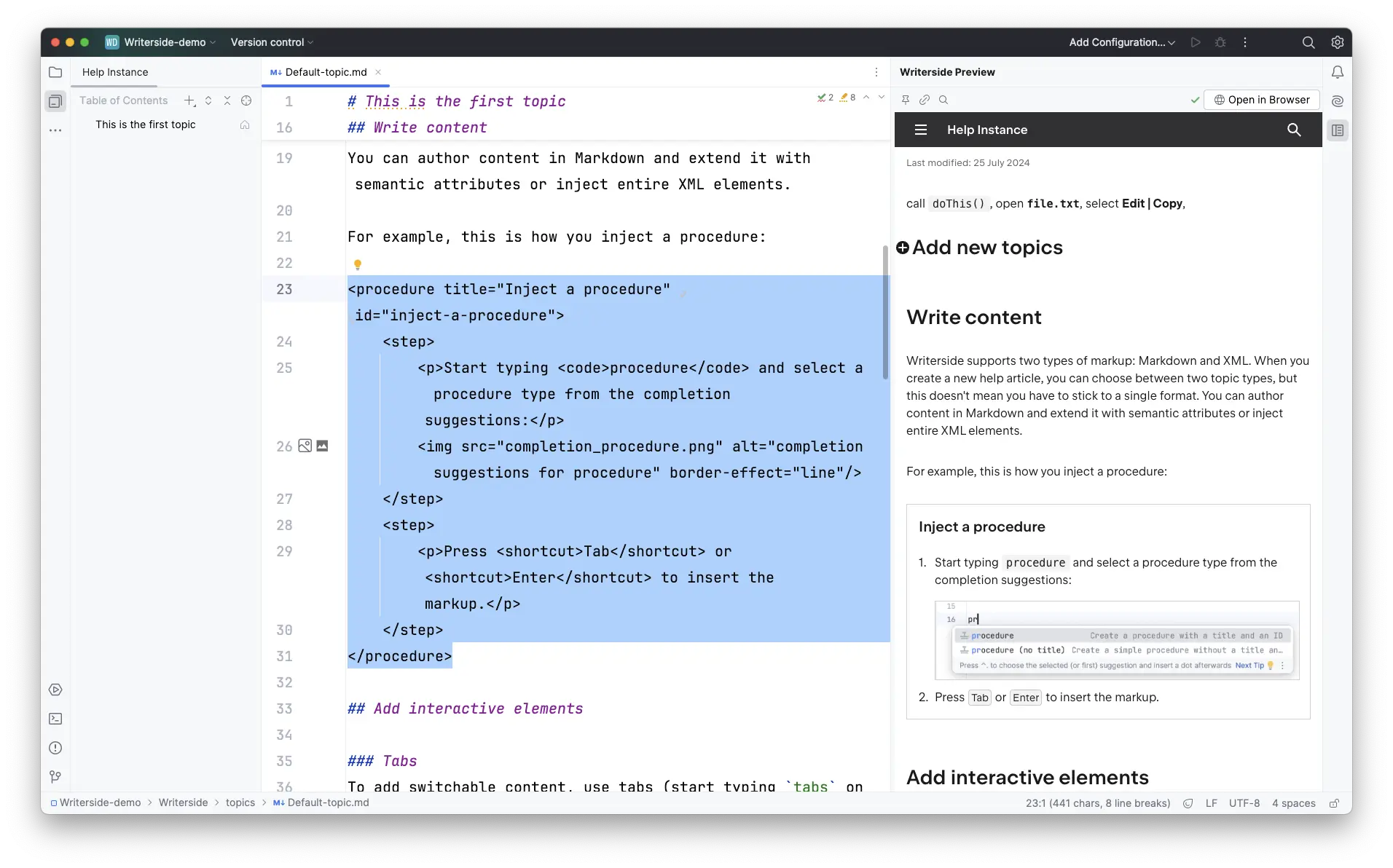 An example of semantic structure in Writerside